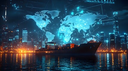 Futuristic Cargo Vessel Navigating a High-Tech Port with a Digital World Map Backdrop in a Luminous Cityscape at Night