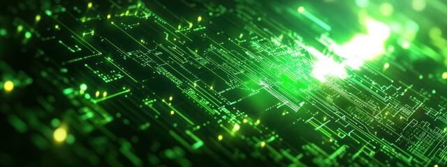 Obraz premium Abstract representation of digital circuitry with green light effects.