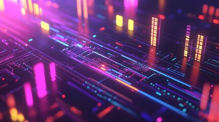 Obraz premium Futuristic Digital Financial Graph with Neon Lights and High-Tech Data Overlay in a Colorful Abstract Background for Modern Technology Concepts