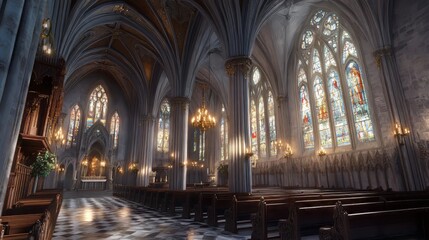 Fototapeta premium Grand cathedral interior, stained glass