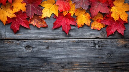 Obraz premium Vibrant red and yellow autumn leaves on rustic wood. Perfect for fall themes, Thanksgiving, or autumnal designs.