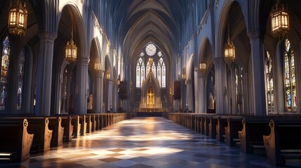 Fototapeta premium Grand cathedral interior, sunlight streams in
