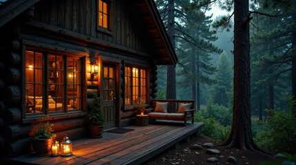 Obraz premium Rustic Cabin Retreat Illuminated by Warm Evening Light in a Serene Forest Setting