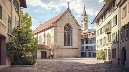 Fototapeta premium Church and buildings in a city square