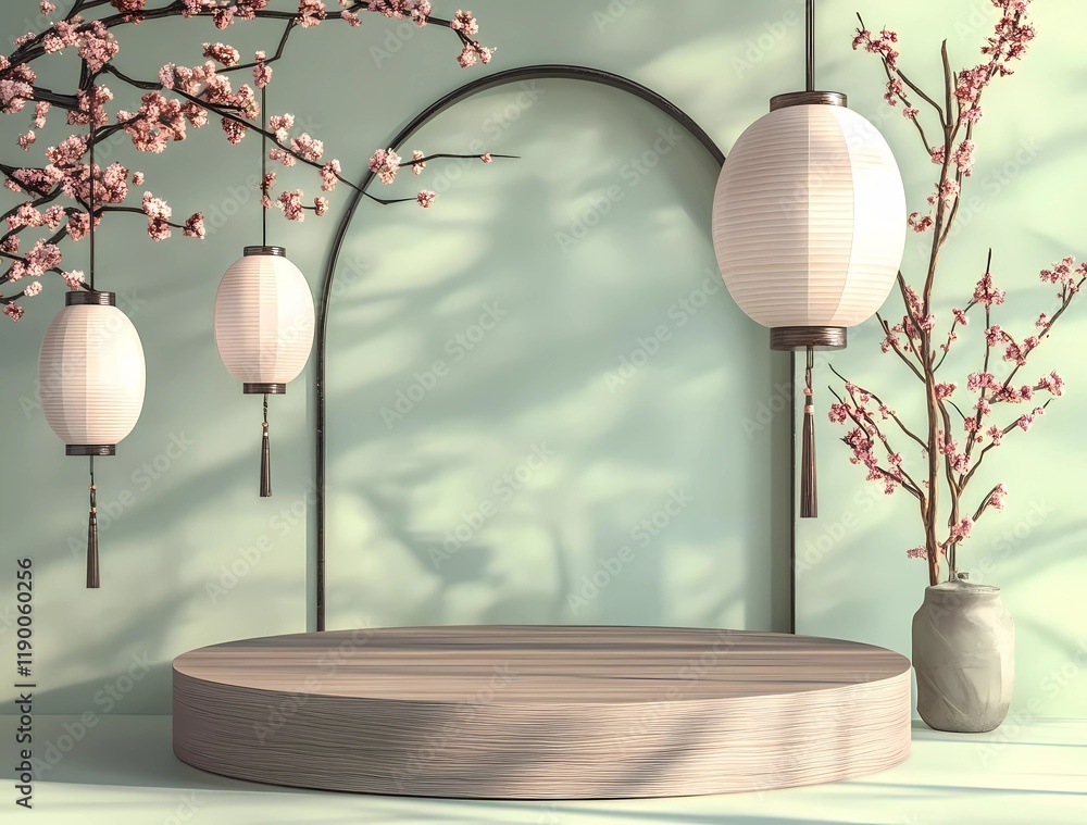 Poster 3d rendering of a podium mockup for product presentation, with empty space on the left side. the bac