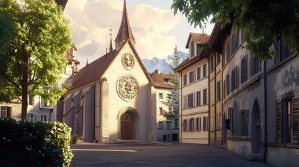 Fototapeta premium Church and buildings in mountain town