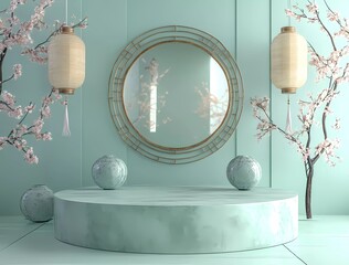 3D rendering of a podium mockup for product presentation, with a minimal pastel green background featuring oriental elements, geometric shapes, and lanterns