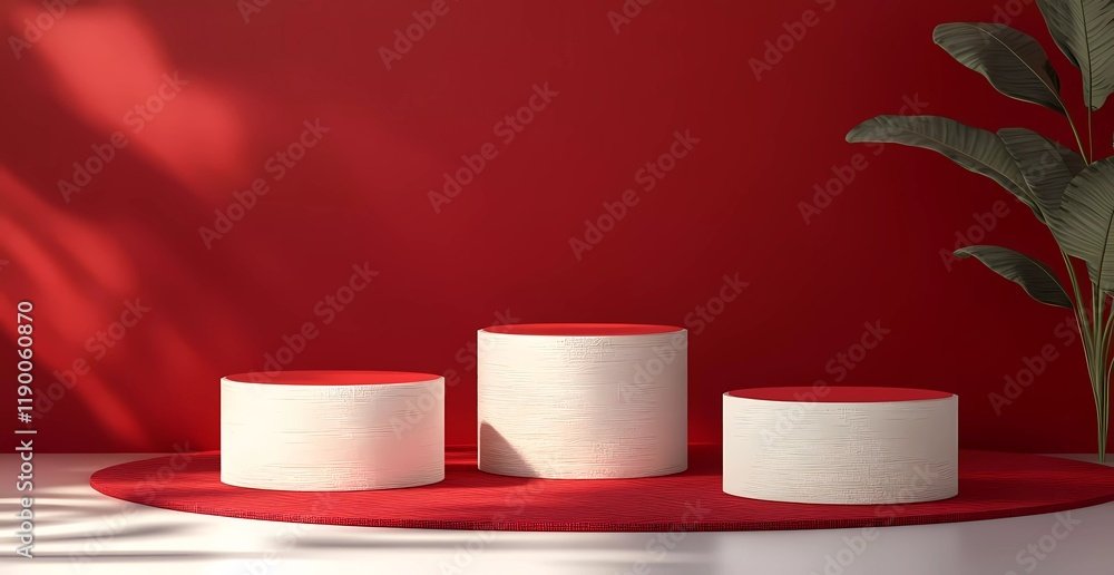 Poster 3D rendering of a red background with a podium for product display presentation mockup. Abstract minimal scene design with cylinder-shaped podiums and round forms in red color