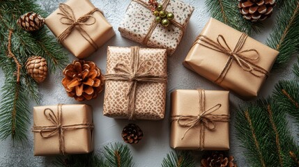 christmas composition gifts christmas decorations on white background flat lay top view copy space