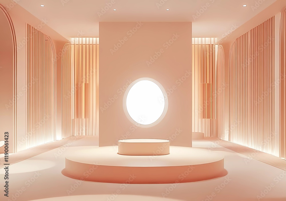 Poster a podium in the center of an empty room with geometric shapes and patterns, illuminated by soft ligh