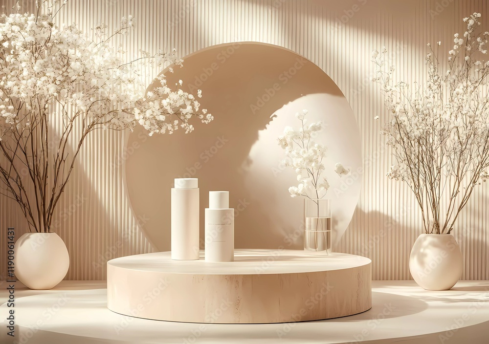 Poster a minimalist podium with an elegant background, adorned with subtle geometric patterns and illuminat