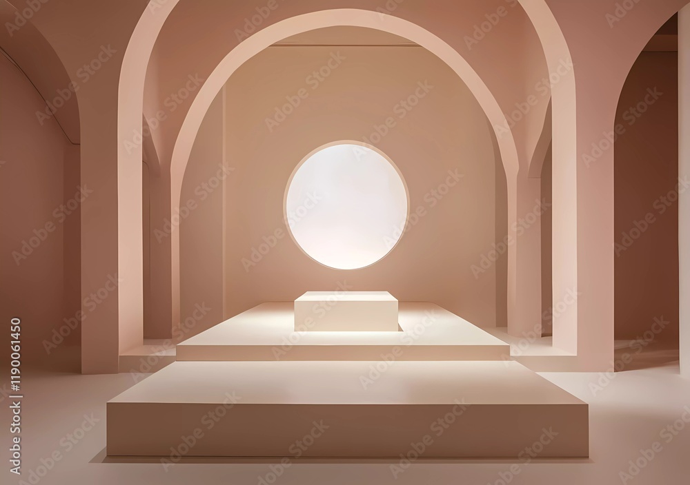 Poster a podium in the center of an empty room with geometric shapes and patterns, illuminated by soft ligh