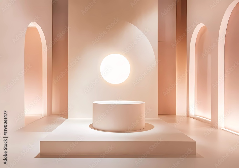 Poster a podium in the center of an empty room with geometric shapes and patterns, illuminated by soft ligh