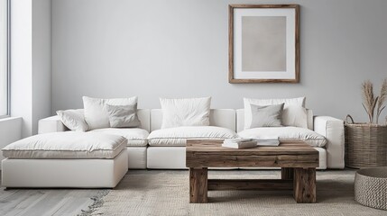 Fototapeta premium Stylish living space with a white modular sofa, rustic coffee table, and a mockup frame with a 3D border.