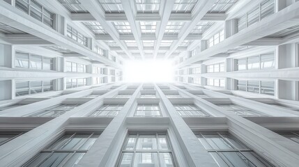 Naklejka premium Low angle view of a modern white building's atrium, showcasing its symmetrical architecture and bright light from above.