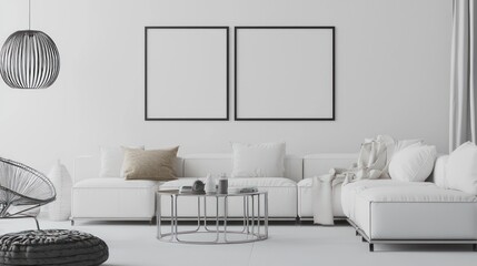 Bright Scandinavian living space with minimal furnishings and a floating 3D poster frame.