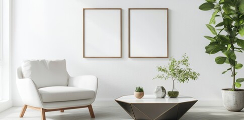 Fototapeta premium Modern Scandinavian living room with white armchair, geometric table, and double floating mockup frames with 3D effect.
