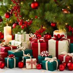 gift boxes in front of christmas tree christmas gift ai genrative