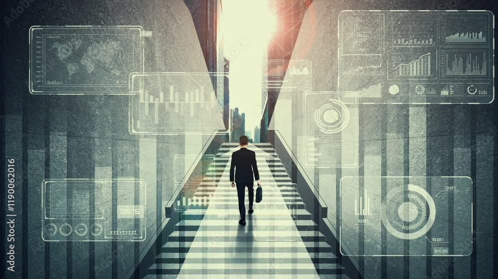 Poster loopable video of business growth potential concept with virtual graphic . businessman with report c