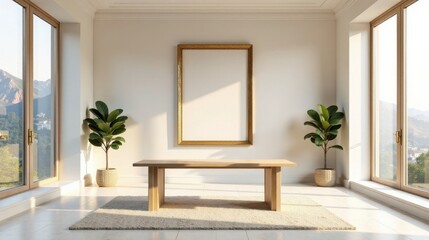 Fototapeta premium Serene Minimalist Room Interior Design with Large Windows, Wooden Table, and Golden Frame