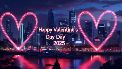 Neon pink and blue intertwined glowing hearts creating a romantic Valentines Day design against a dark background