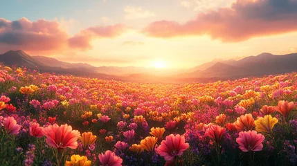 Sunset over colorful flower field, mountain backdrop, peaceful nature scene, ideal for calming backgrounds