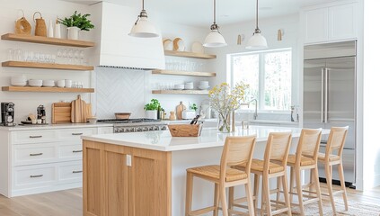 Modern Kitchen Design: White Cabinets, Oak Island, and Farmhouse Style Open Shelving