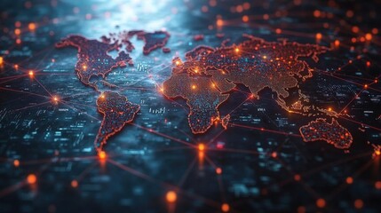 Glowing Global Network Connections: A Digital World Map