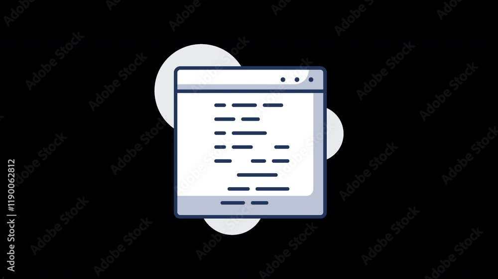 Poster a minimalist 2d illustration of a computer window with coding text inside, set against a simple back