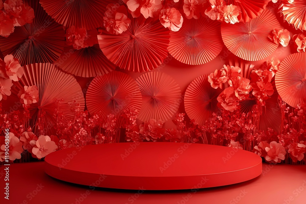 Poster red background, chinese new year atmosphere background wall with paper fans, 3d rendering. in the ce