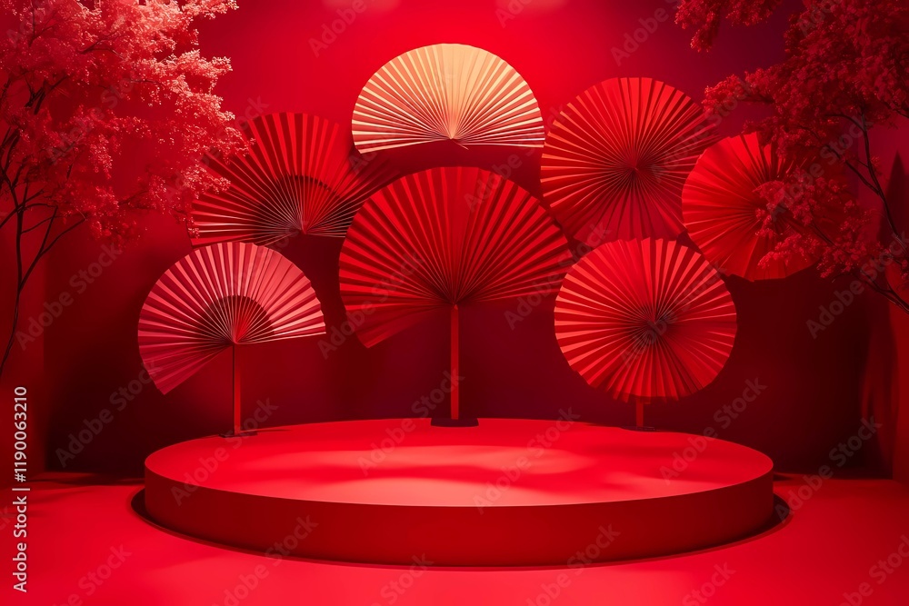 Poster red background, chinese new year atmosphere background wall with paper fans, 3d rendering. in the ce