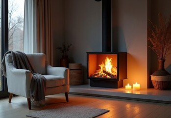 Warm and Inviting Scandinavian Living Room with Roaring Fireplace, Modern Armchair, Soft Throw Blanket, and Natural Candles