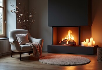 Fototapeta premium Scandinavian Inspired Living Room with Fireplace, Armchair, Throw Blanket, and Candles Creating a Cozy Evening Atmosphere