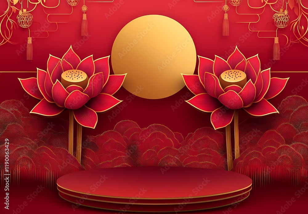 Aufkleber red background, red and gold paper-cut style lotus flowers in full bloom with the moon behind them. 