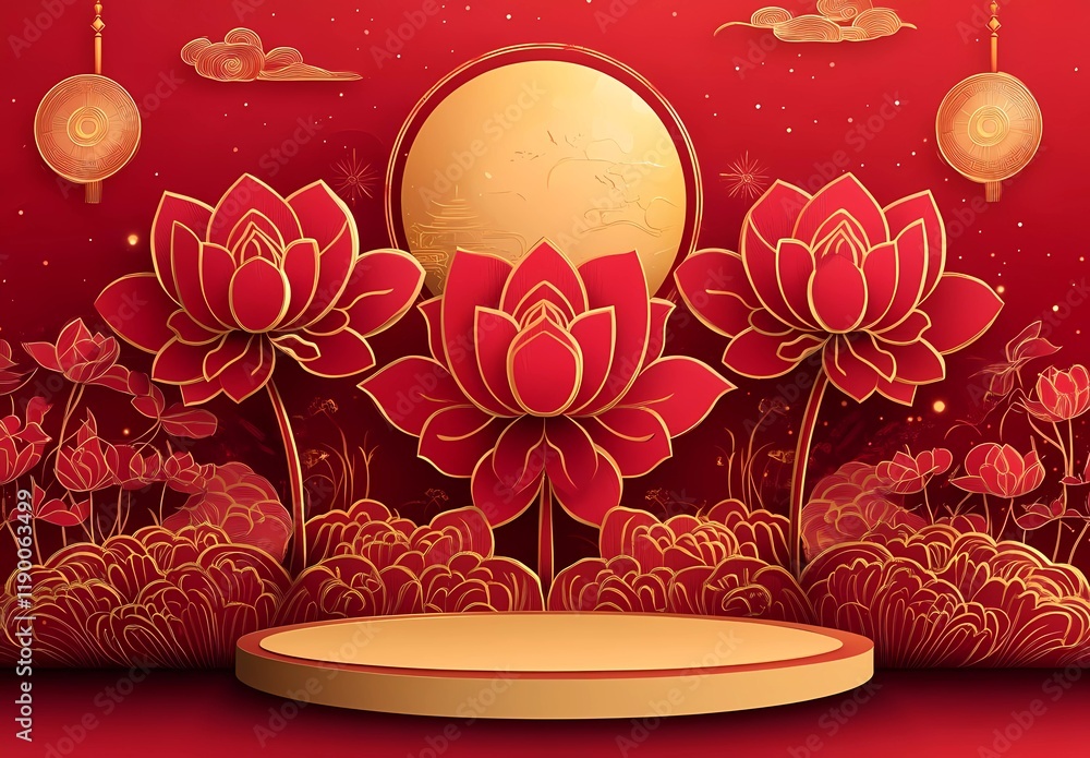 Poster red background, red and gold paper-cut style lotus flowers in full bloom with the moon behind them. 