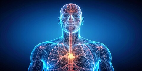 A wireframe human silhouette with glowing lines, symbolizing innovation, technology, and digital interconnectedness