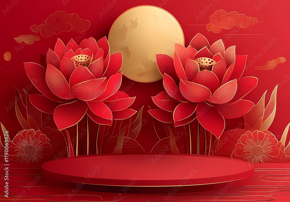 Poster red background, red and gold paper-cut style lotus flowers in full bloom with the moon behind them. 