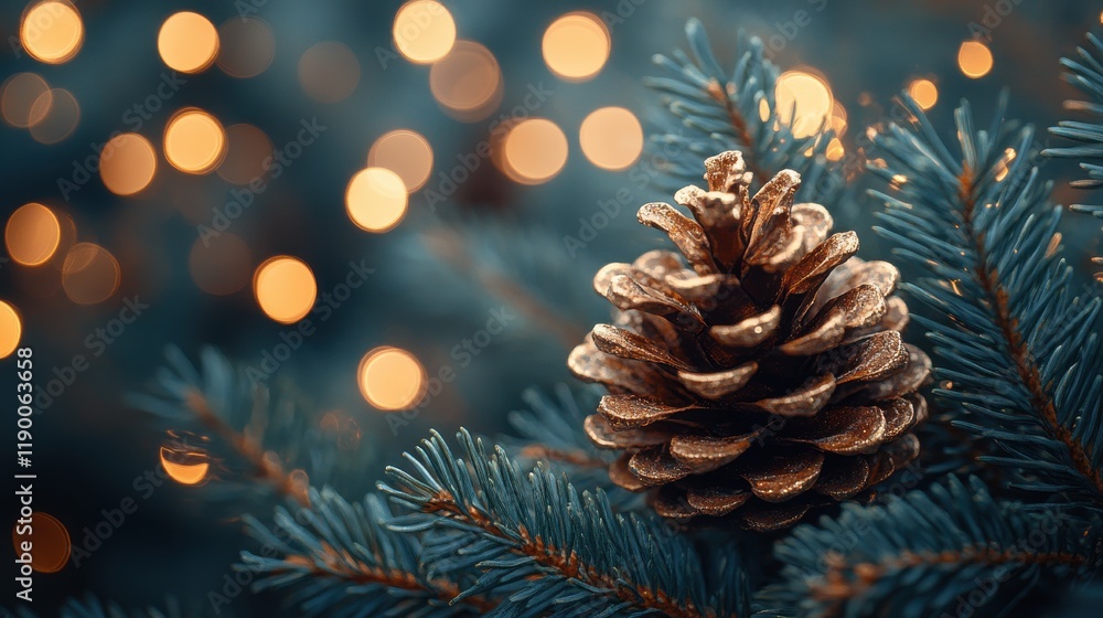 Poster christmas tree branch with pine cone and bokeh lights at background