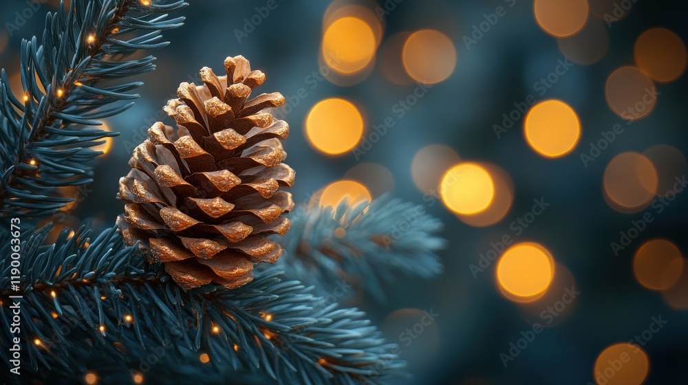 Poster christmas tree branch with pine cone and bokeh lights at background