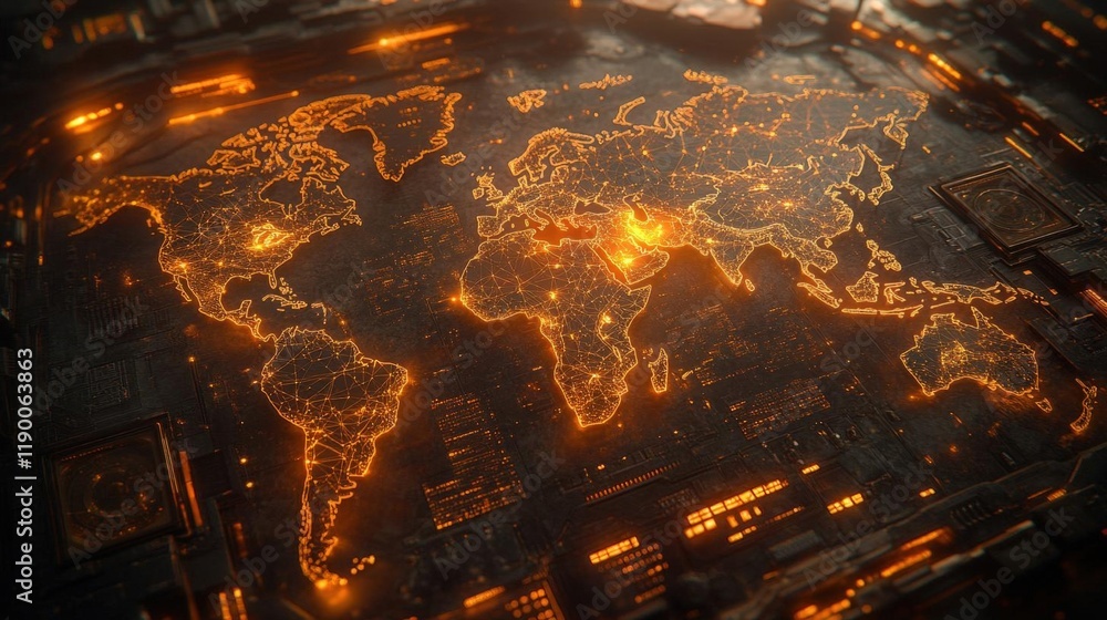 Poster glowing world map on circuit board: global network and data connections