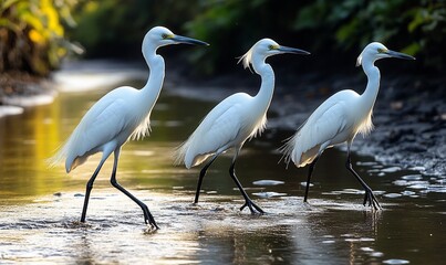 Naklejka premium Three Snowy Egrets wading in a stream at dawn. Wildlife photography for nature documentaries