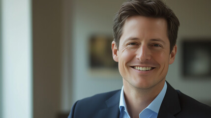 Professional portrait of a confident CEO smiling in business attire with a modern office background






