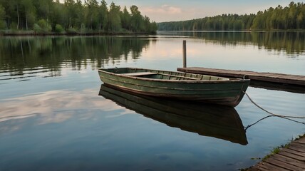 Obraz premium A solitary boat moored to a wooden dock on a quiet lake