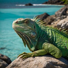 Obraz premium A vivid green iguana basking on a sunlit rock near a turquoise lagoon.