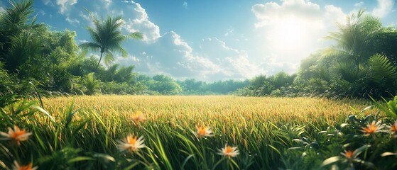 Tropical field sunrise, palm trees, jungle background. Ideal for travel brochure