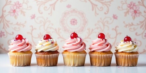 Delightful quartet of mini cupcakes, adorned with vibrant pink and white frosting, each crowned with a juicy cherry and a sprinkle of colorful confectionery, set against a soft, romantic background