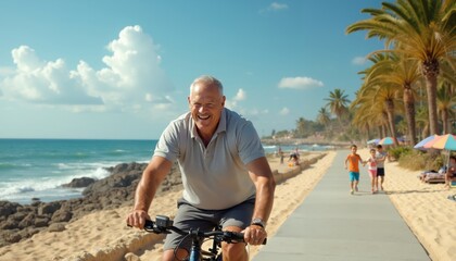 Senior Man Biking Along Coastal Path with Palm Trees