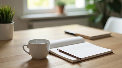 A peaceful workspace scene featuring a cup of coffee, an open notebook with a pencil, and a closed notebook, all resting on a light-colored wooden table near a sunlit window.