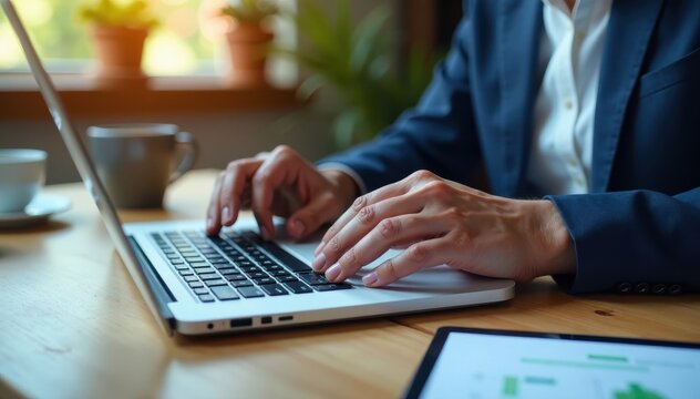Accountant's hands using e-invoicing software on a laptop , management, efficiency, payment