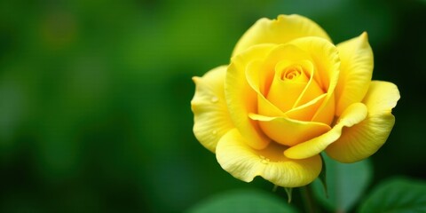 Naklejka premium A Single Yellow Rose Blossom with Dew Drops, Gracefully Unfurling its Petals Against a Lush Green Background